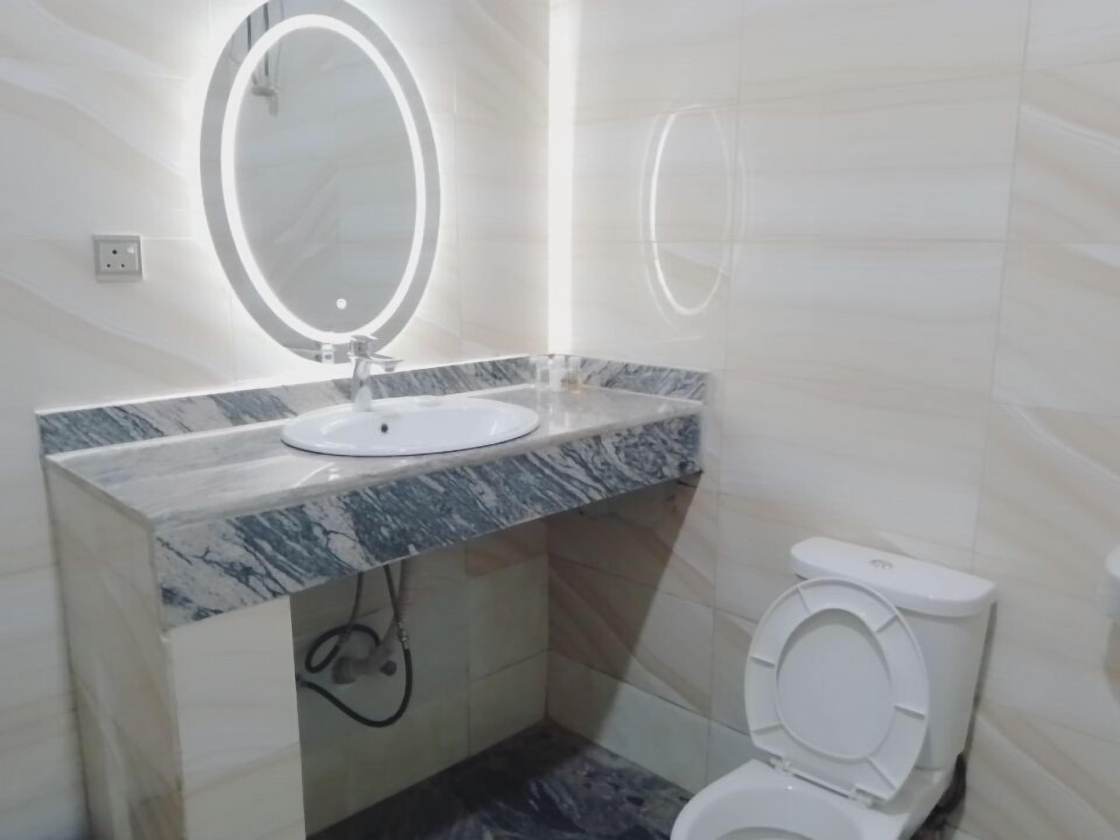 Een badkamer met een marmeren wastafel, een spiegel met verlichting, een toilet en een douche.