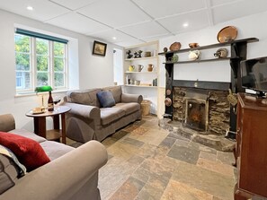 Una televisión, una chimenea