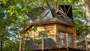 Una casa del árbol de madera con techo inclinado, un ventanal y barandilla de malla.