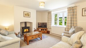 A cozy living room with a fireplace, sofa, and television. - One Lower Spire Cottage, Liscombe (Nr Dulverton)