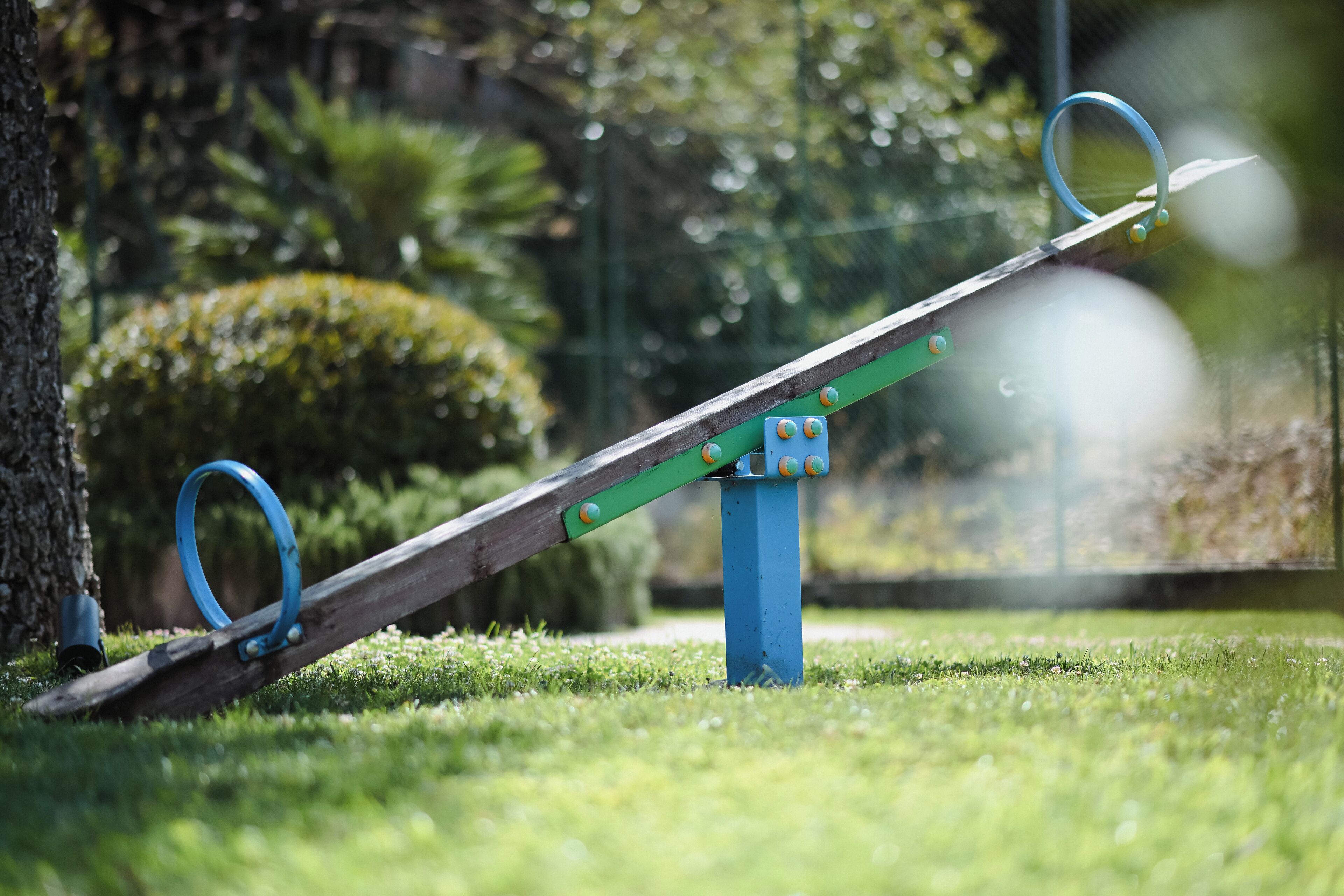 A seesaw with blue rings, set in a grassy area with trees and a fence in the background.