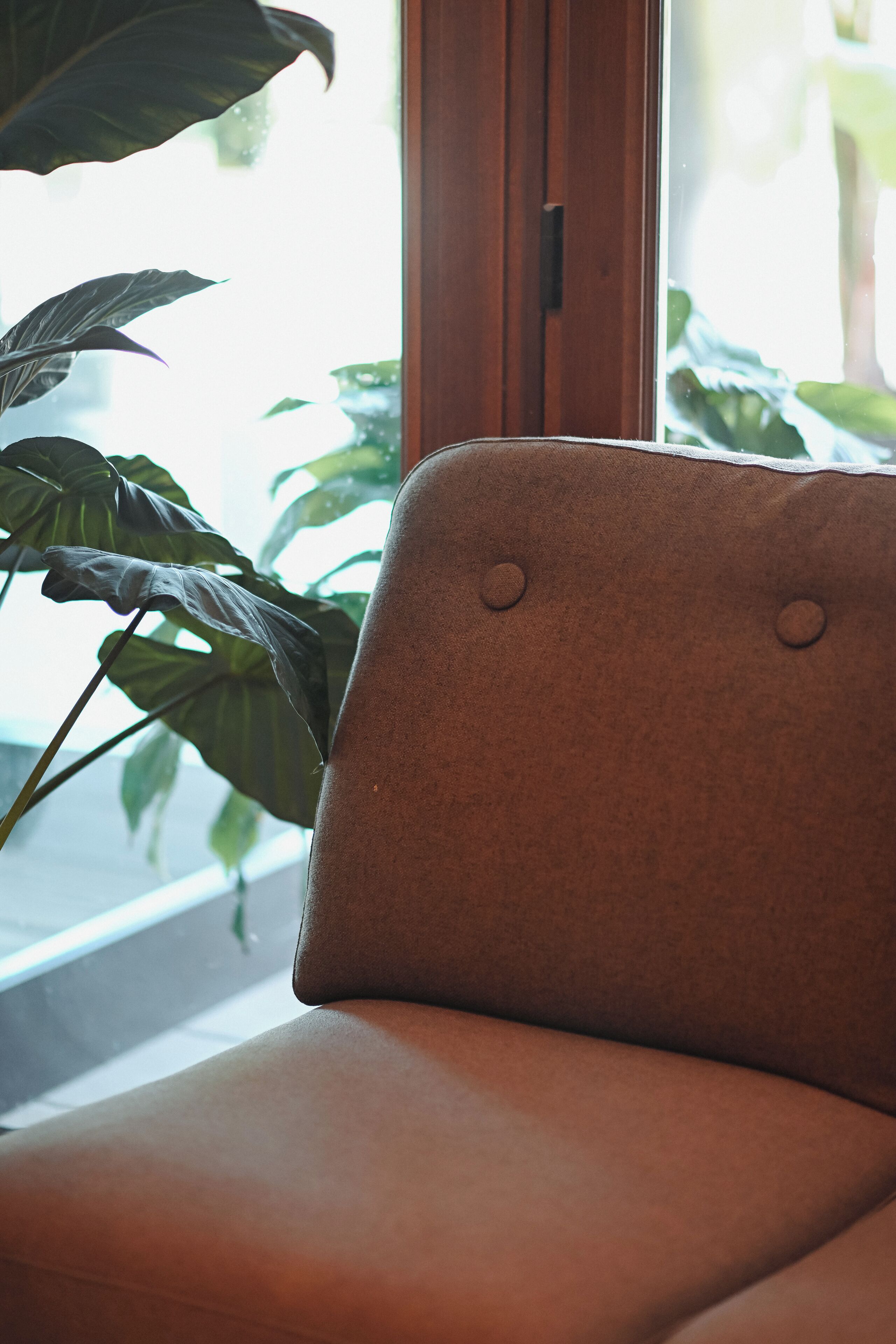 A brown upholstered chair with a wooden frame, positioned near a window with a view of green foliage outside.