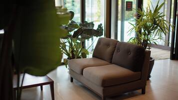 A brown sofa in a room with large windows and two potted plants.