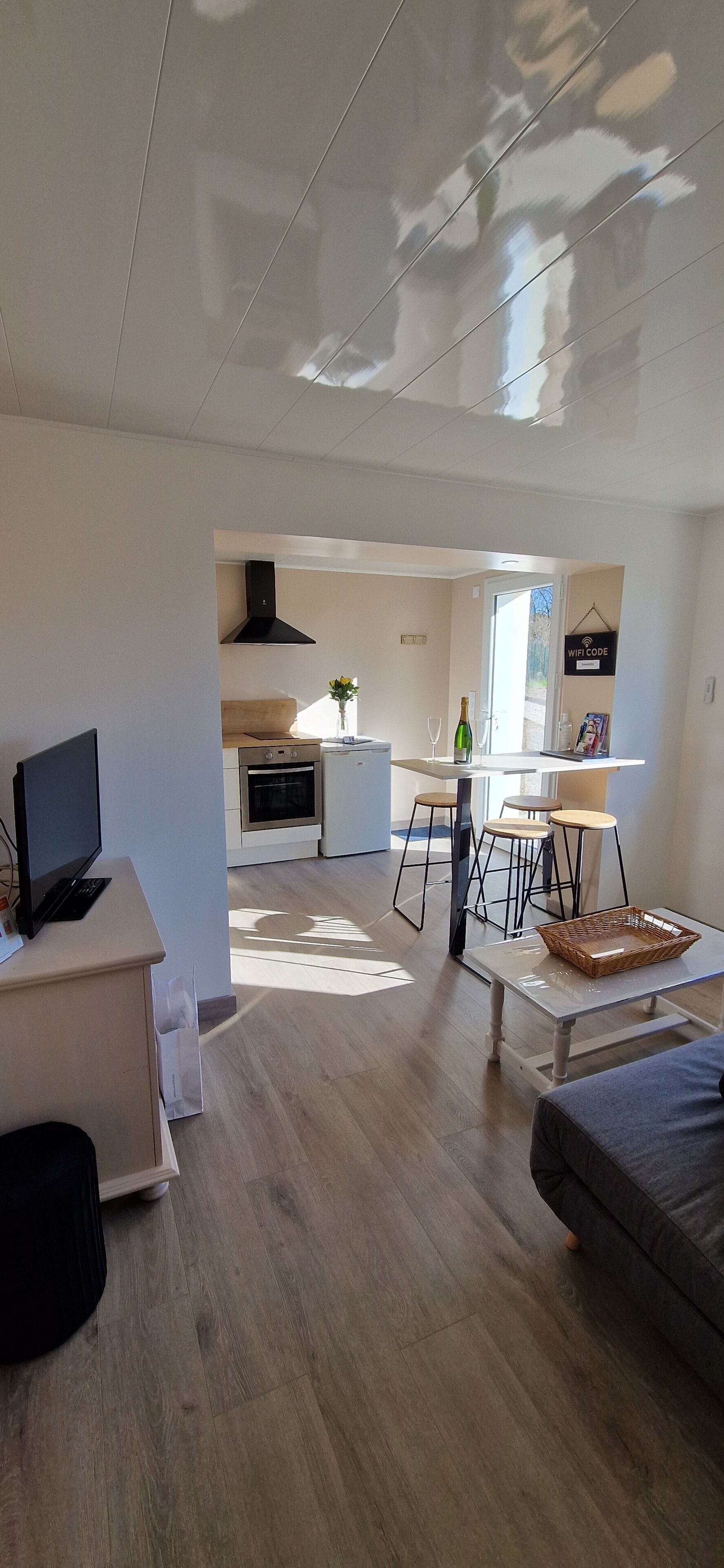 A modern living room with a flat-screen TV, a sofa, and a dining area with a table and chairs. There is a kitchen in the background with a stove, oven, and sink.