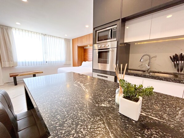 A modern kitchen with a granite countertop, built-in oven, and a small potted plant. - Cruz 504: Studio w Rooftop Pool, 2 Blocks to Beach (Cruz de Huanacaxtle)