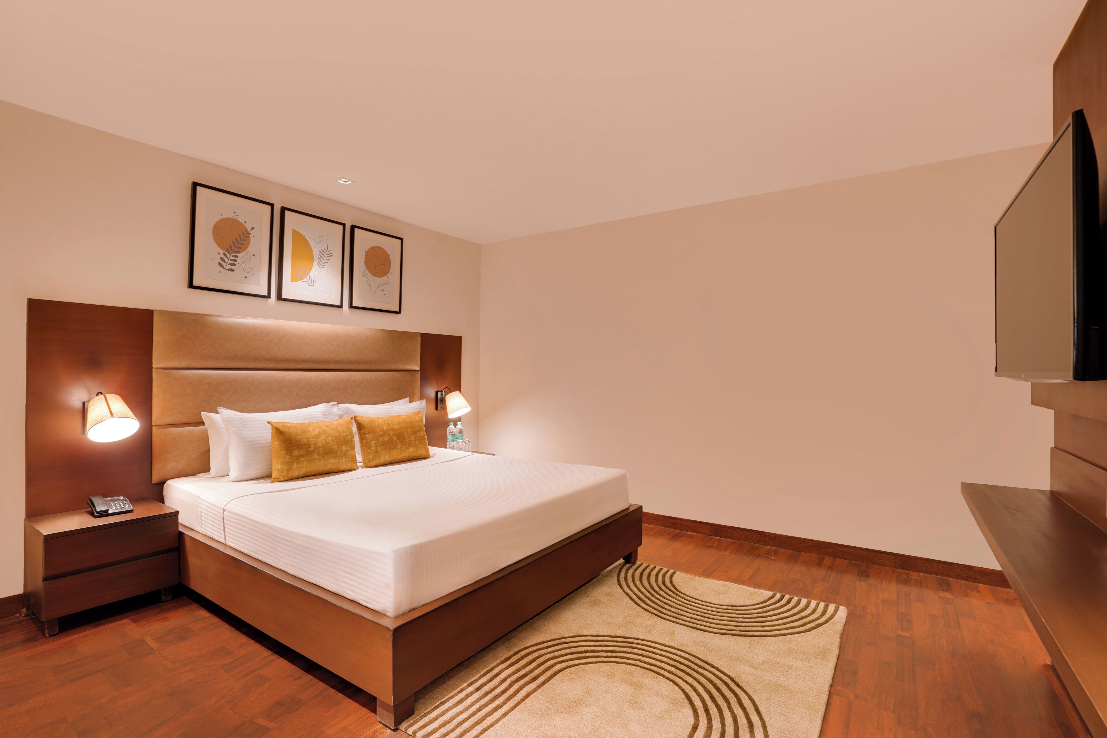 A hotel room with a large bed, bedside lamps, a nightstand, a TV, and framed artwork on the wall.