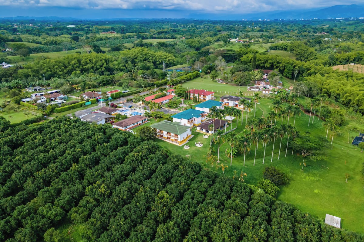 An aerial view of a residential area with houses, green spaces, and palm trees.
