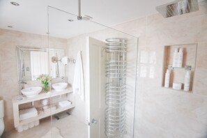Shower, eco-friendly toiletries, hair dryer, towels