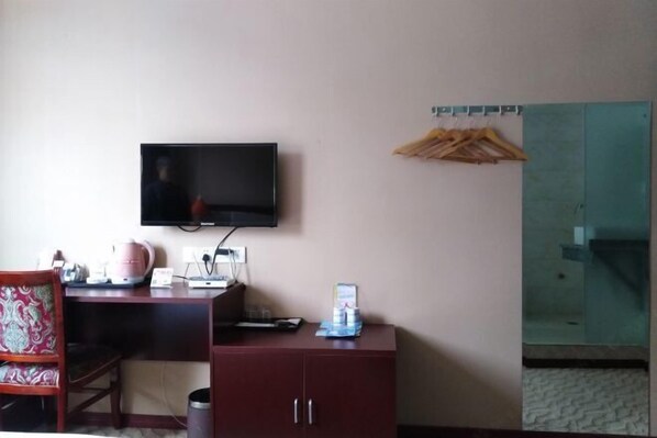 Une chambre d’hôtel équipée d’un bureau, d’un téléviseur fixé au mur, d’une armoire et d’un miroir.