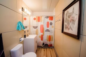 Hair dryer, towels, soap, shampoo