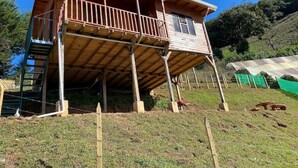 Uma cabana de madeira com varanda, escadaria e área cercada com uma lona verde.