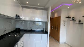 Fridge, oven, stovetop, coffee/tea maker