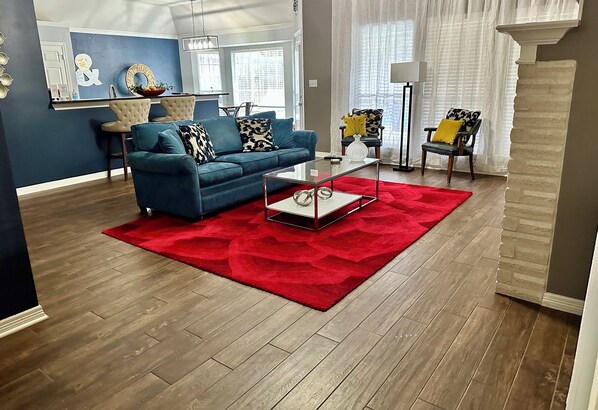 Smart TV, fireplace, video games, DVD player