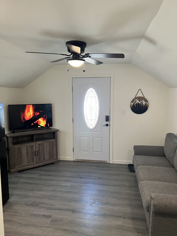 A living room with a television, a ceiling fan, a door with a decorative glass panel, and a wall-mounted decoration.