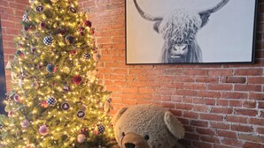 A Christmas tree with ornaments and lights, a large teddy bear, and a framed picture of a bull on a brick wall. - West Empire Theatre Loft, Gorgeous Space on Main Street for 4! Local Golfing 50% Off! (Baker City)