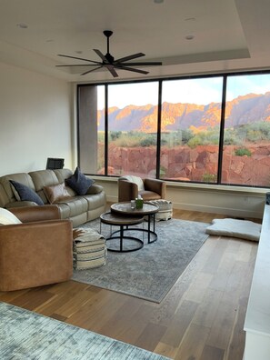 TV connectée, cheminée, livres, espaces bureaux