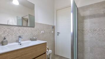 Shower, hair dryer, bidet, towels