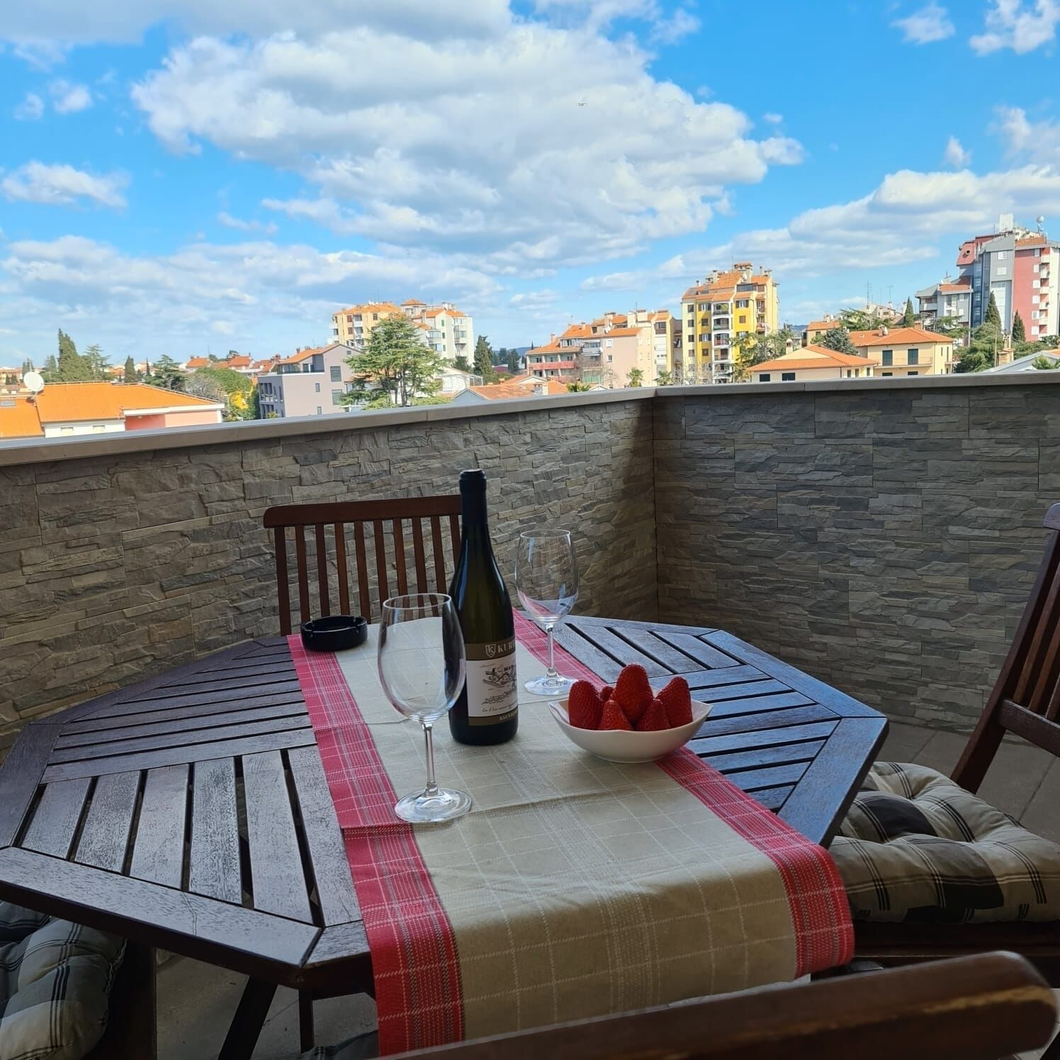 Een balkon met een tafel gedekt voor twee personen, een fles wijn en een schaal aardbeien.