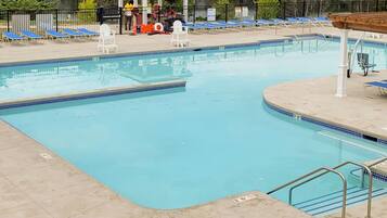 Seasonal outdoor pool, pool umbrellas, sun loungers