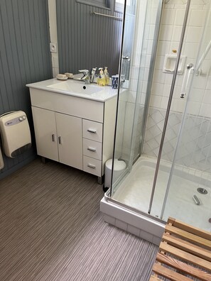 Shower, hair dryer, towels