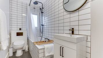 Hair dryer, towels, soap, shampoo