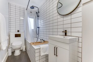 Hair dryer, towels, soap, shampoo