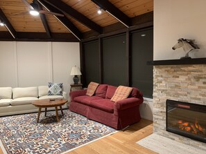TV, fireplace, books