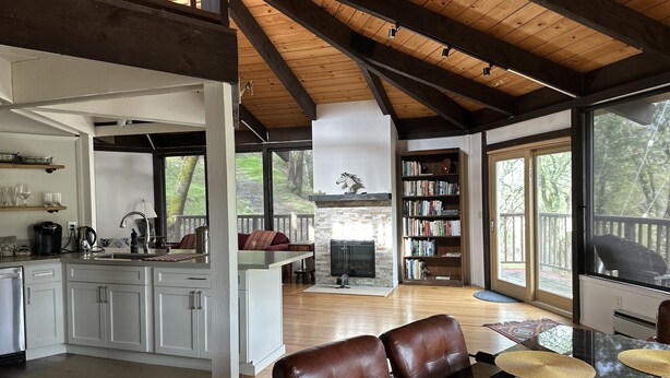 A spacious living area with a fireplace, a large bookshelf, and a view of the outdoors. - RustRidge House, two bedroom two bath home (St Helena)