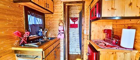 Fridge, microwave, coffee/tea maker, toaster