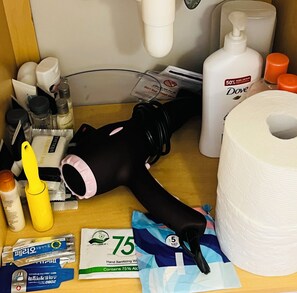 Chuveiro, secador de cabelo, toalhas de banho, sabonete