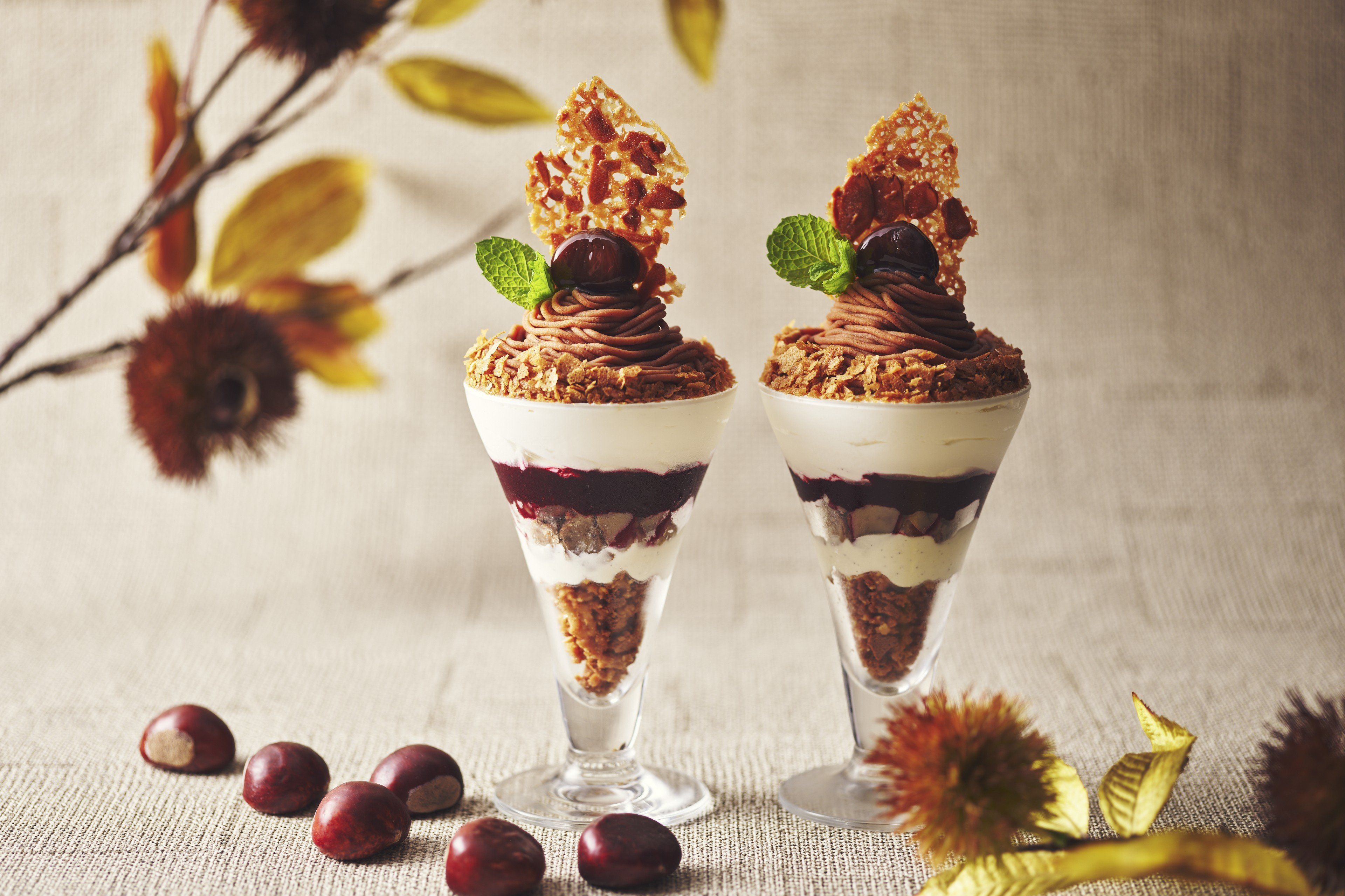 Two dessert cups with layered fillings and garnishes, placed on a textured surface with scattered fruits and leaves.