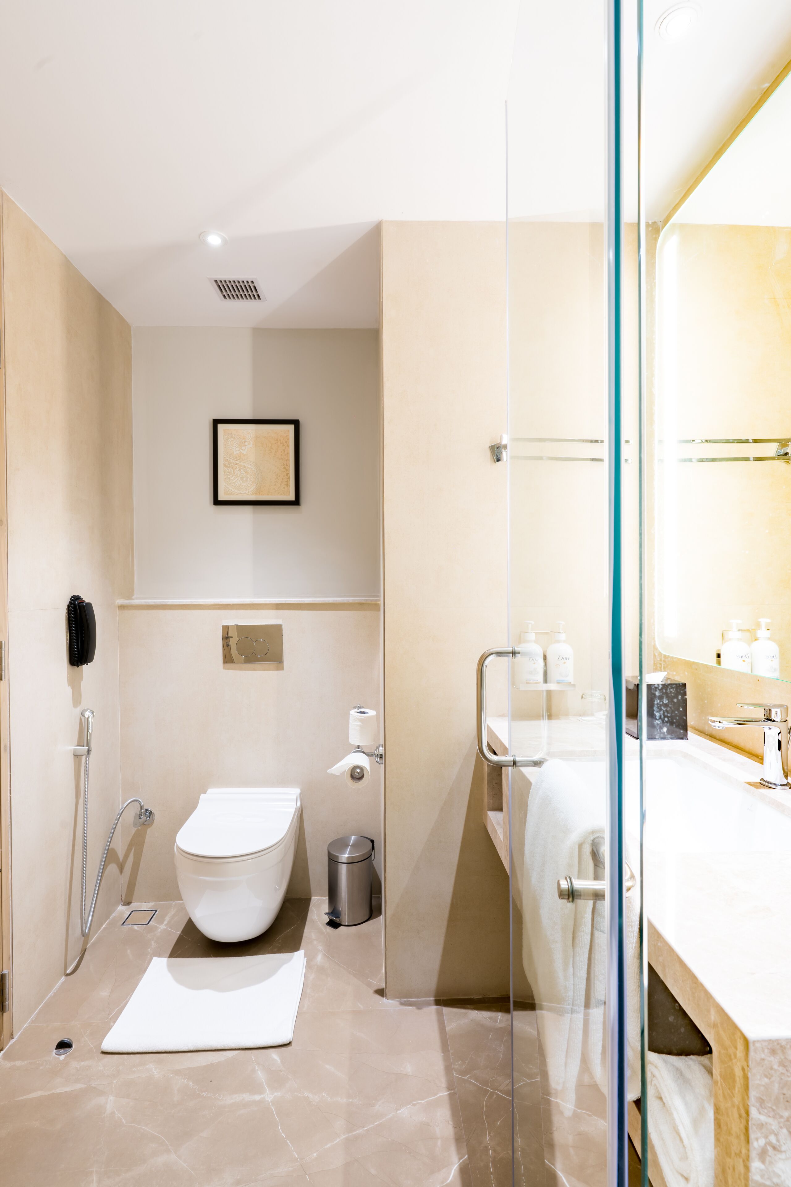 A modern bathroom with a glass shower enclosure, a white toilet, and a vanity with a mirror.