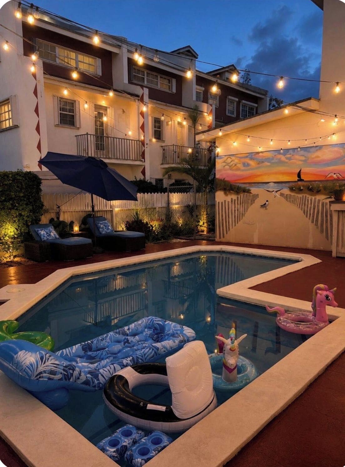 A swimming pool with inflatable toys, a mural, and string lights.