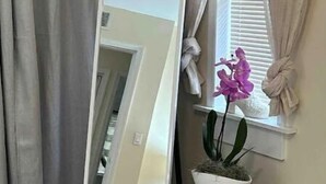 A room with a large mirror leaning against a wall, a window with curtains, a small table with a potted plant, and a door leading to another room. - LemonTree Cottage firepit and hottub, 8 minutes from the beach (New Smyrna Beach)