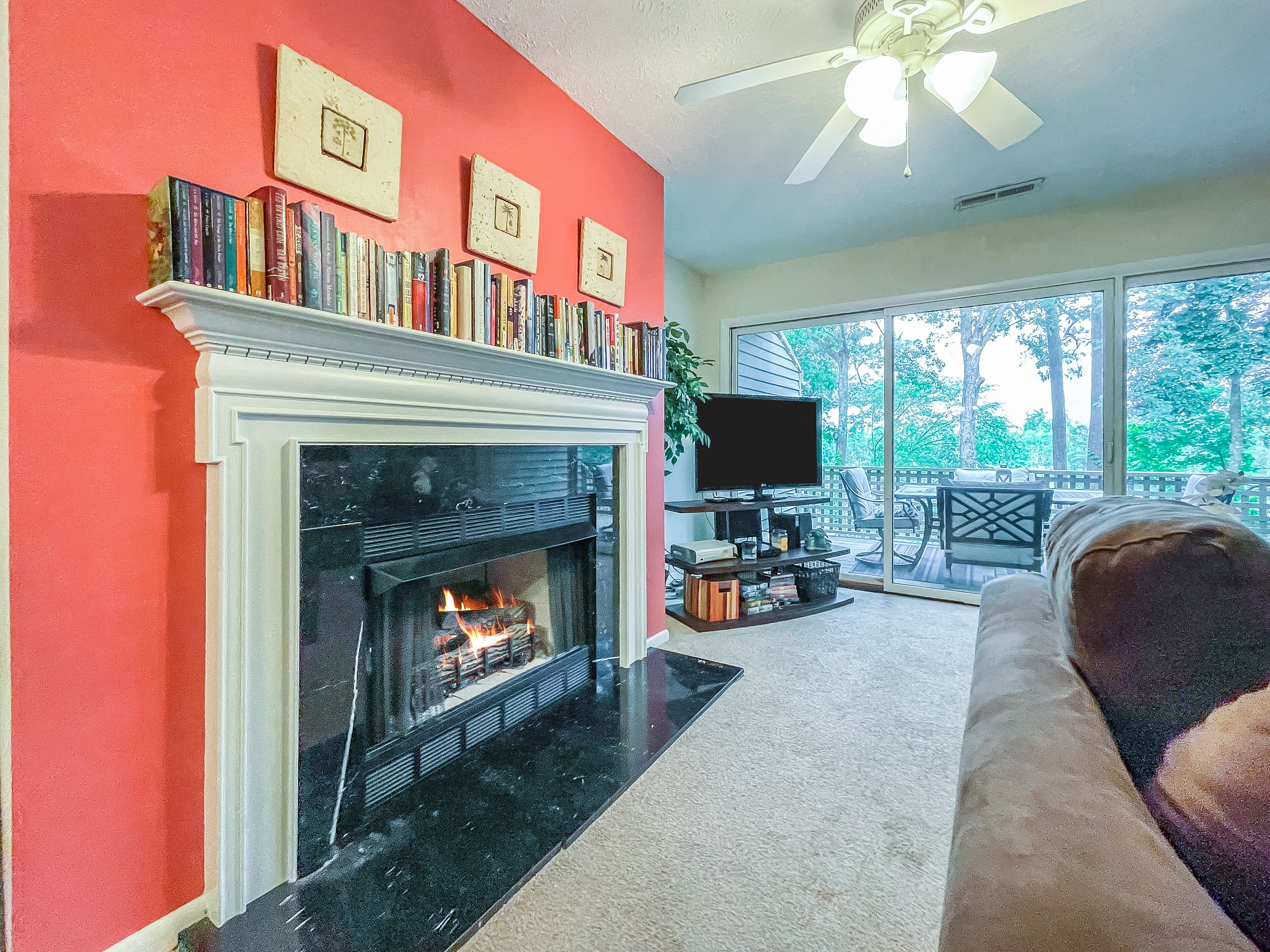 TV connectée, cheminée, livres