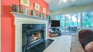 TV connectée, cheminée, livres