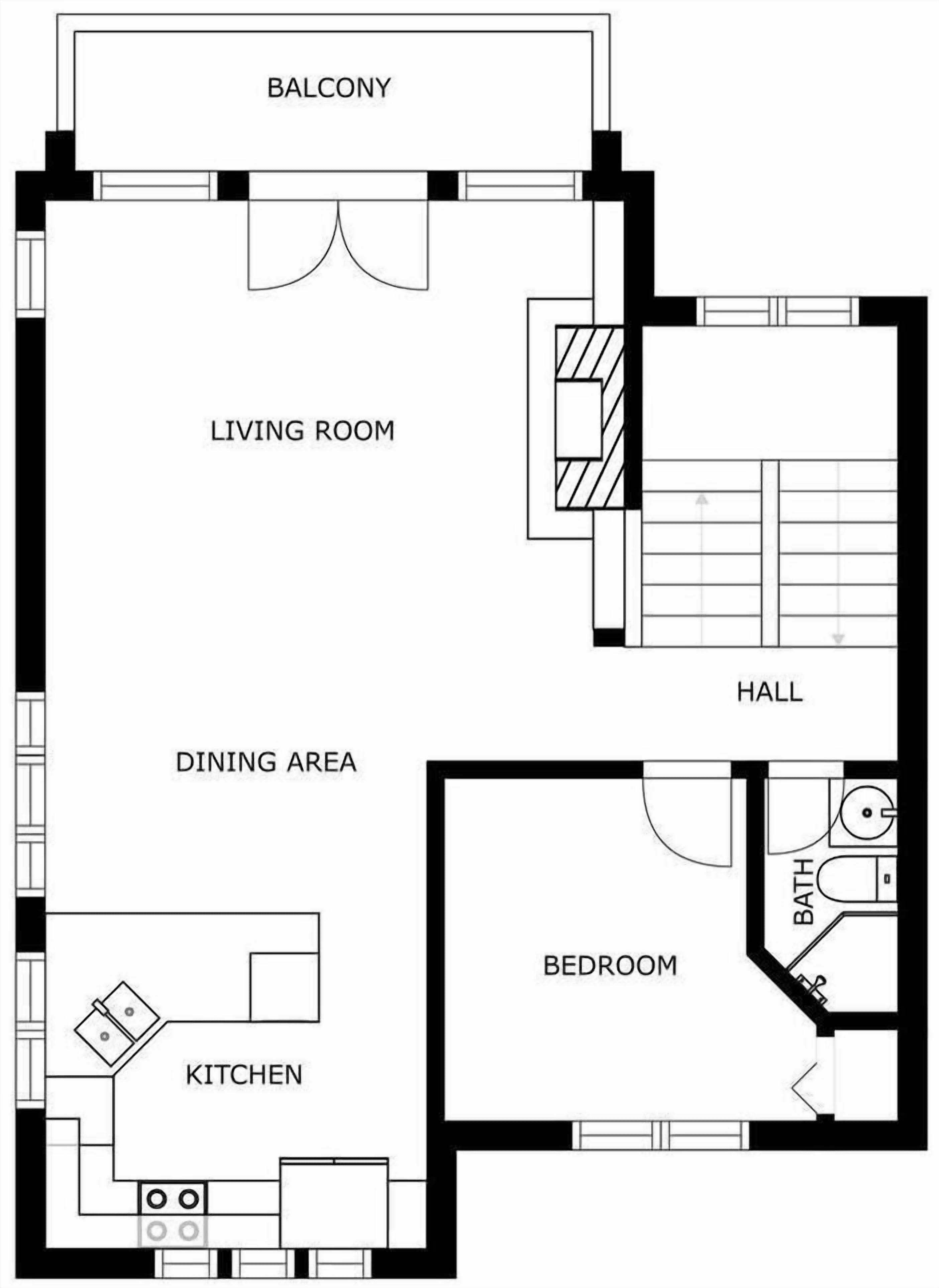 A floor plan with a balcony, living room, dining area, kitchen, bedroom, and bathroom.