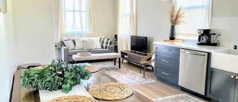 Smart TV, fireplace, books