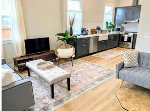 Smart TV, fireplace, books