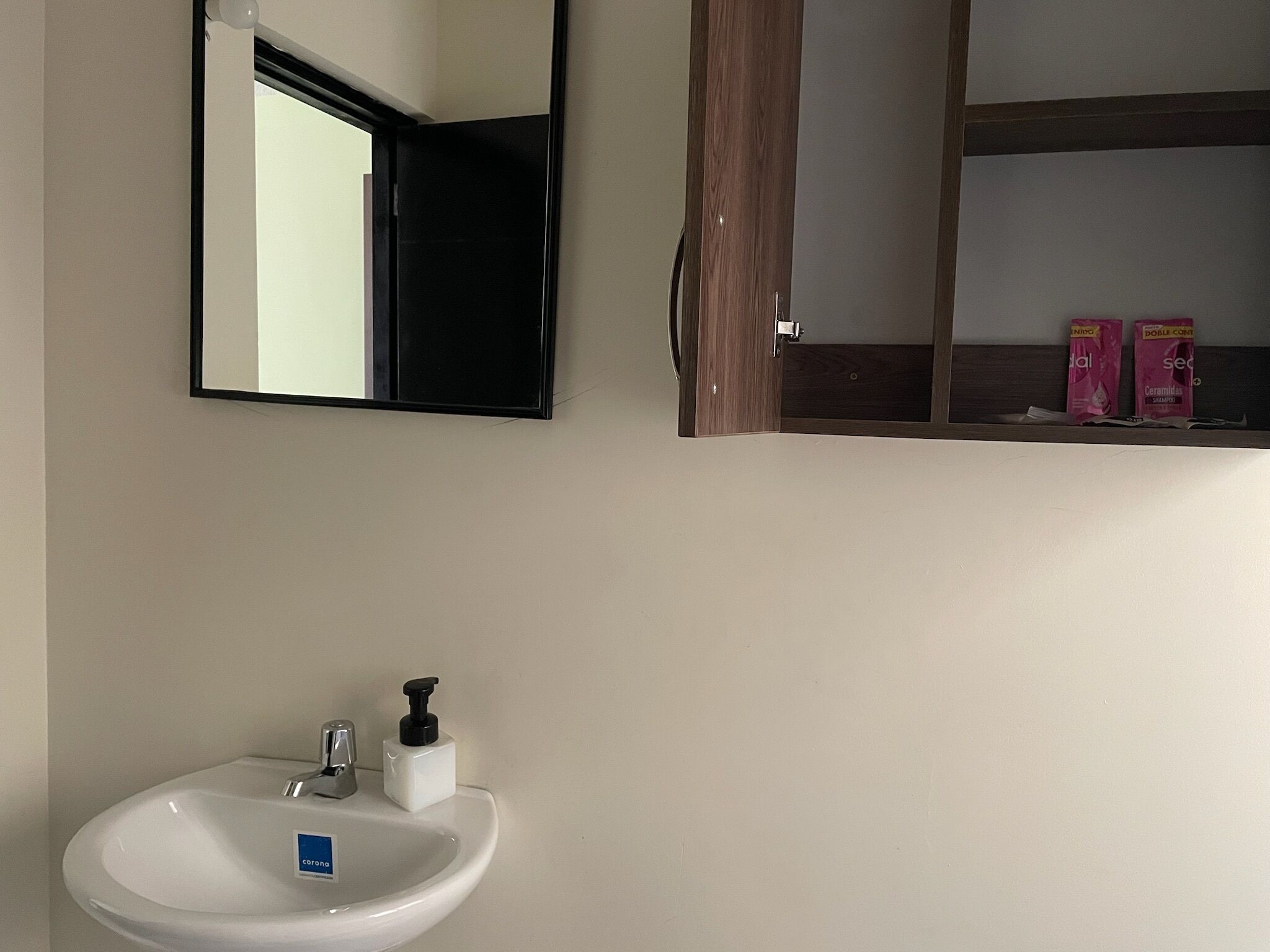 A bathroom with a white sink, a mirror, and a wooden shelf with toiletries.