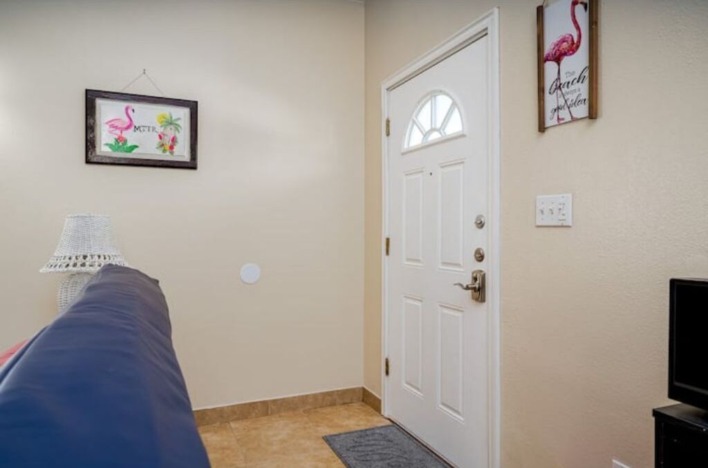 A room with a white door, a framed picture of a flamingo and palm tree, a lamp, and a television on a stand.