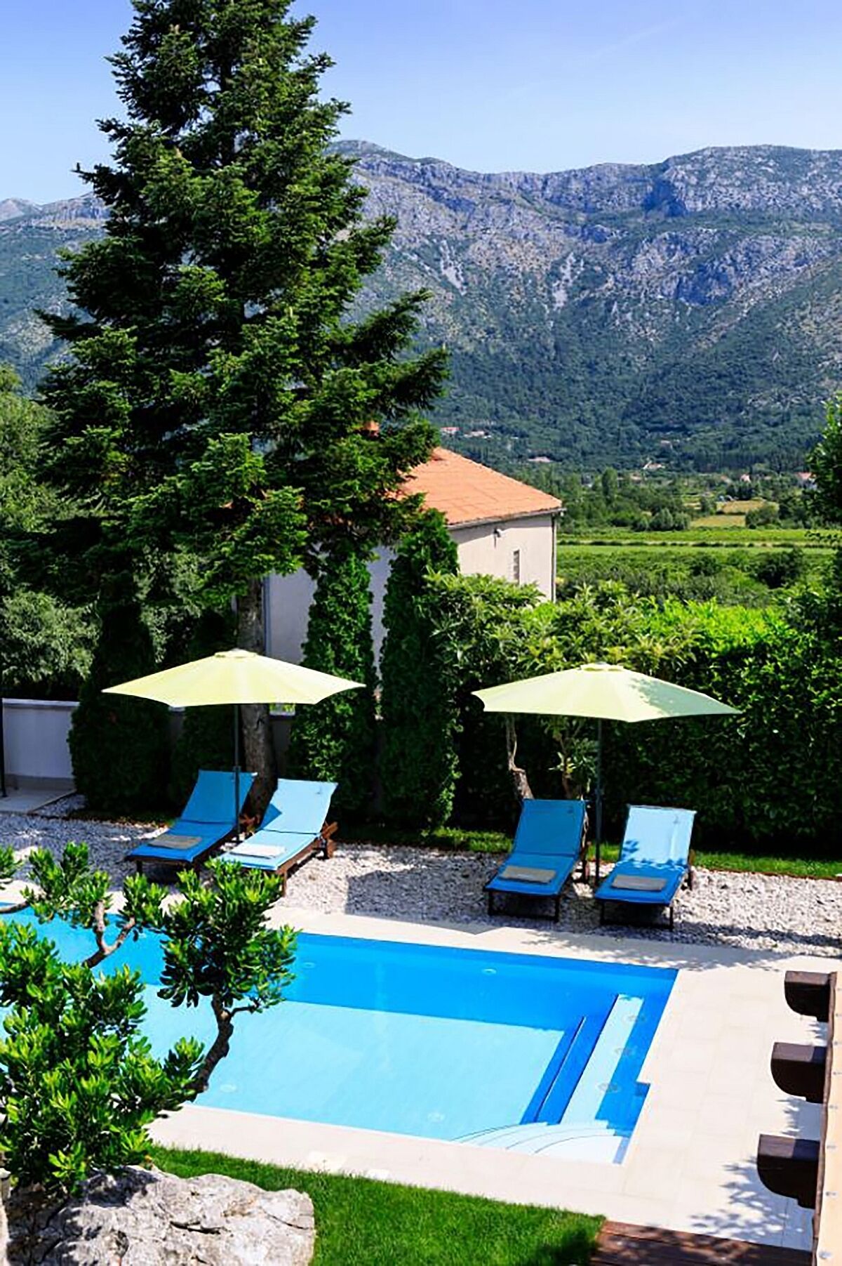 A pool area with lounge chairs and umbrellas, surrounded by greenery and a mountain backdrop.