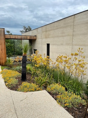 Stroll through lush gardens featuring a pergola and vibrant plants.
