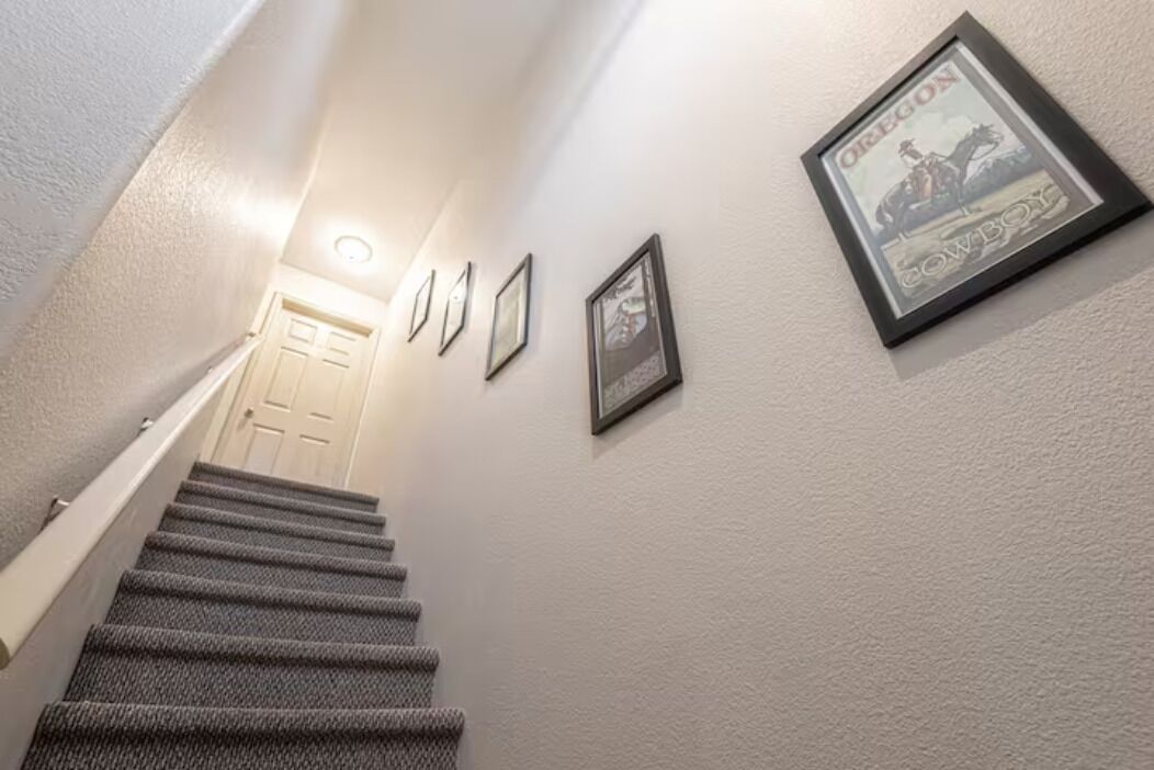 Un escalier dont les marches sont recouvertes de moquette, menant à une porte.