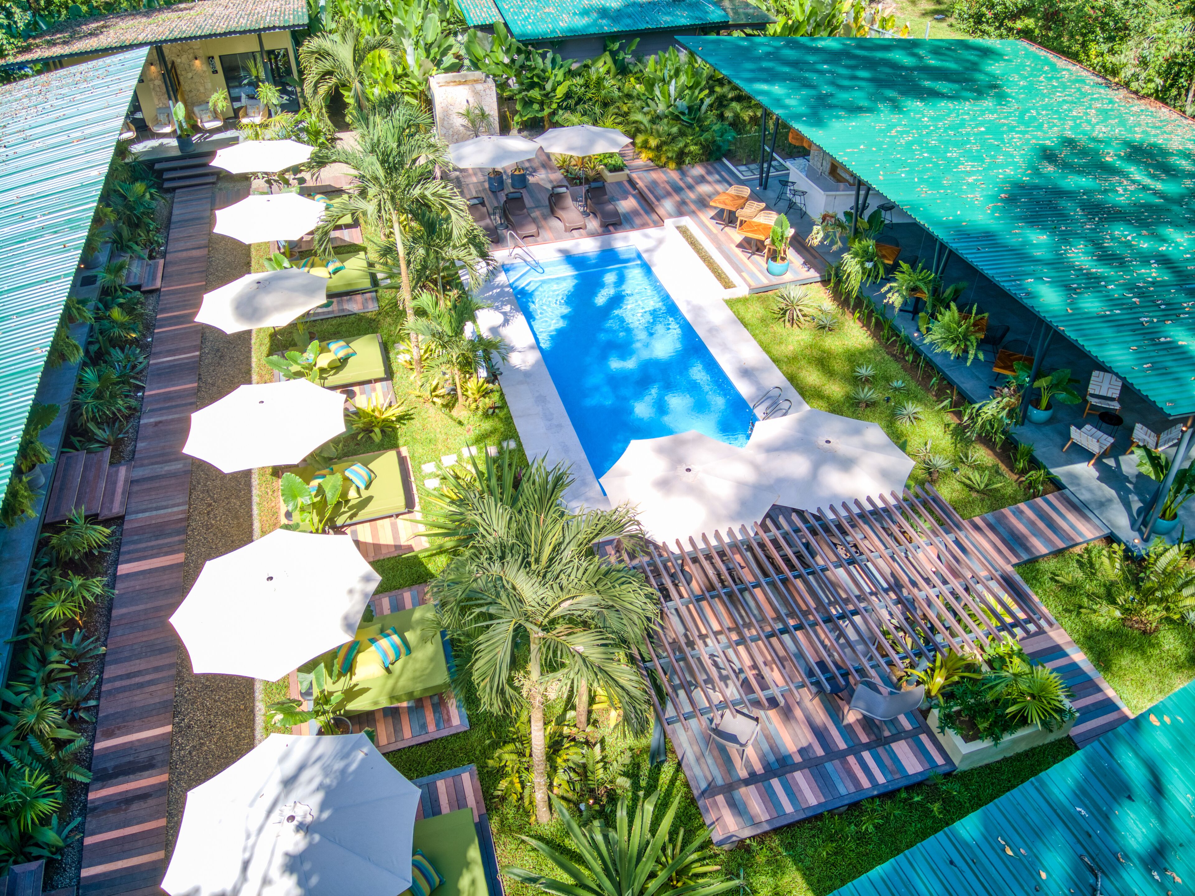 An aerial view of a resort with a swimming pool, sun loungers, umbrellas, and lush greenery.