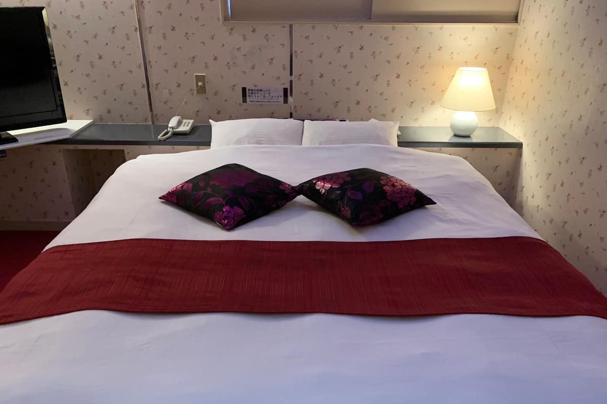 A hotel room with a bed, a desk with a telephone, a lamp, and a television.