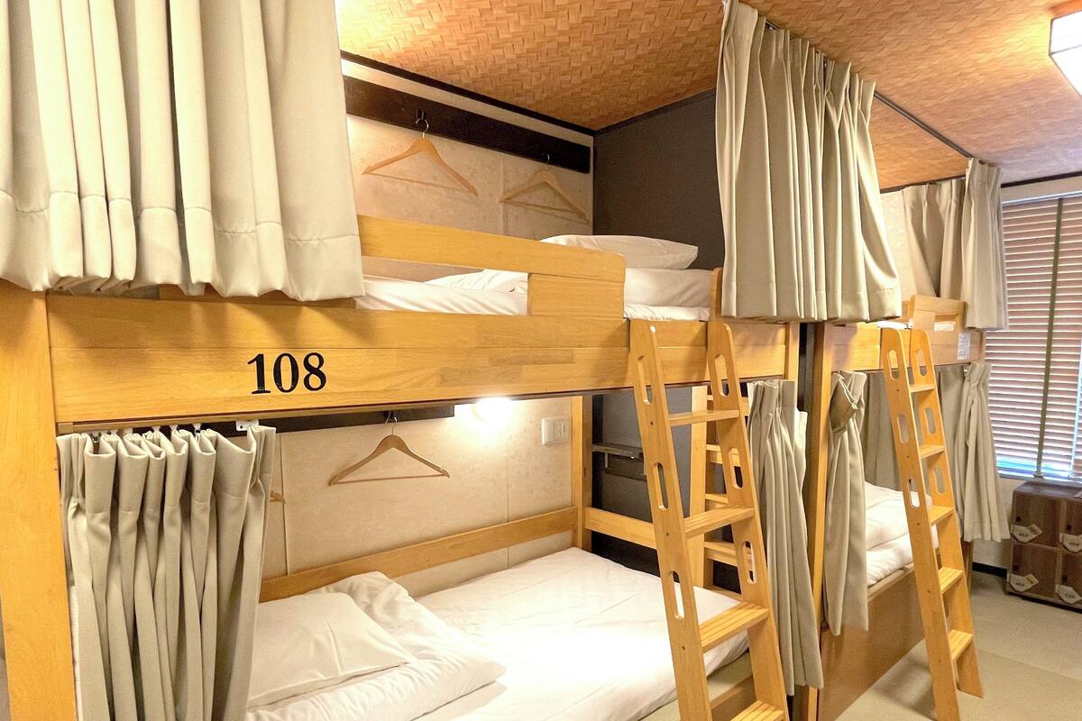 Une chambre avec des lits superposés, le numéro « 108 » étant inscrit sur la tête de lit, des lits superposés en bois et une échelle.