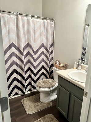 Bidet, towels, soap, toilet paper