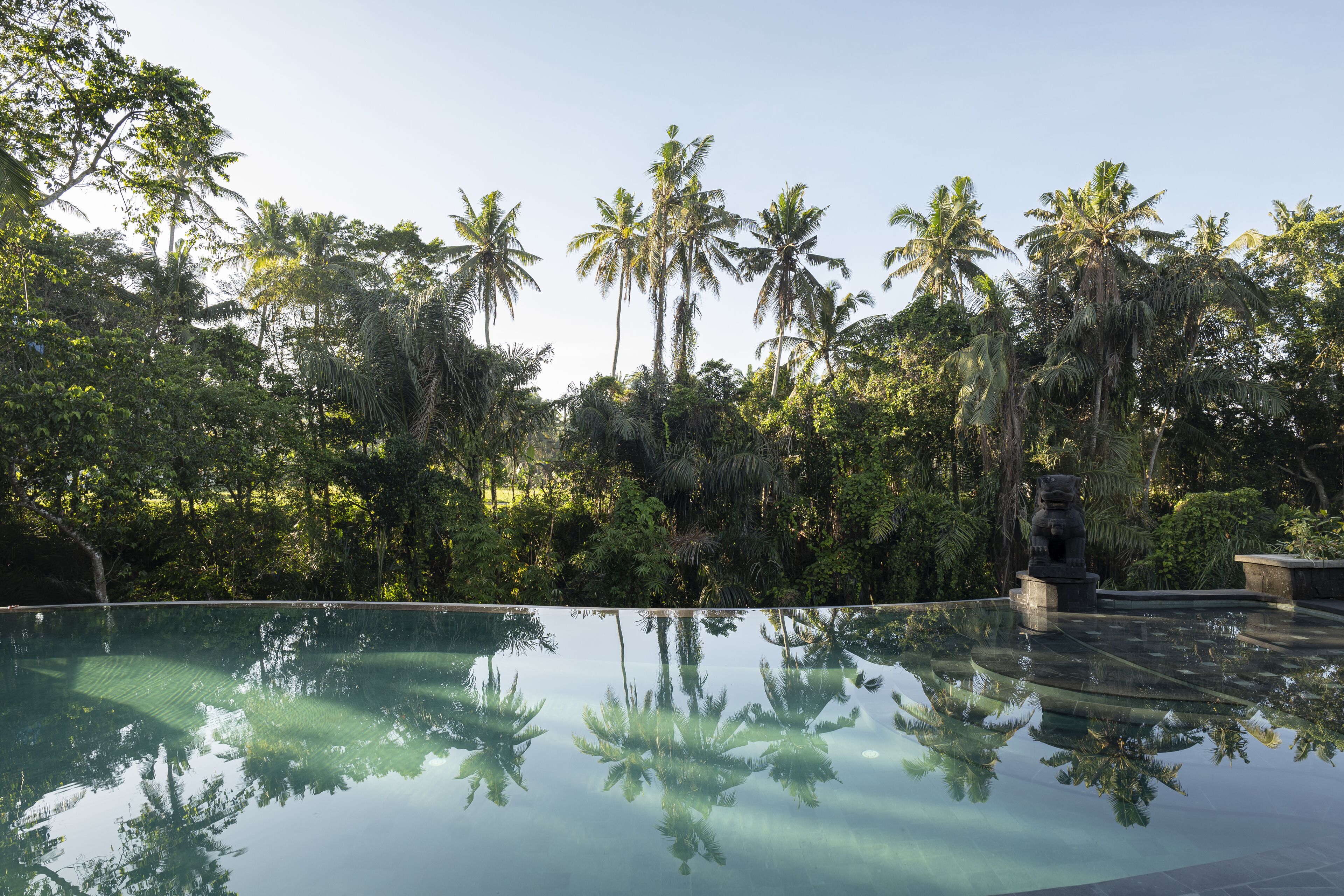 A clear pool with reflections of palm trees and a statue in the background.