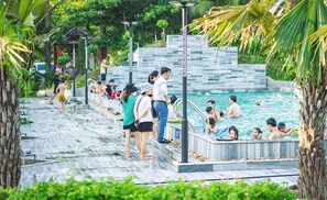 Área de piscina com escadas que levam à água, rodeada por palmeiras e vegetação.